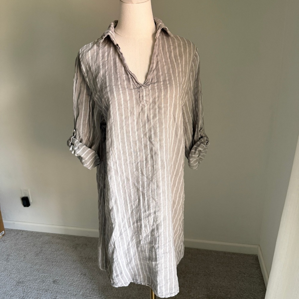 Tempo Paris Linen Striped Tunic Dress Collared Beige Relaxed Casual Medium‎